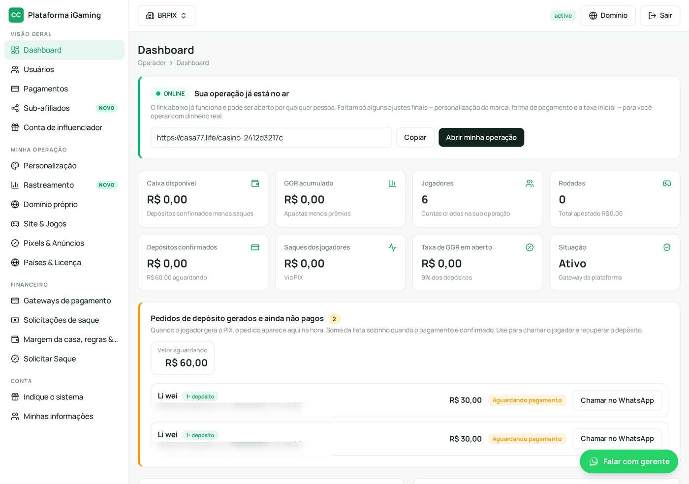 Painel do operador com indicadores financeiros e status da operação